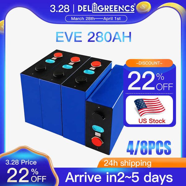 US Stock Brand New 3.2V Batteria Ricaricabile EVE280Ah Lifepo4 Batteria Al Litio per Scooter Elettrico Barca RV Stoccaggio di Energia Solare