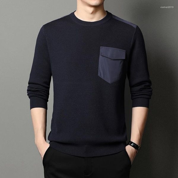 Мужские капюшоны шерстяная пэчворка с высоким классом круглой шеи с длинным рукавом карманная рубашка корейская повседневная модная футболка топ