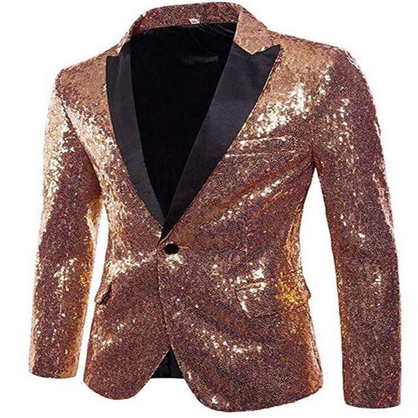 Lindo casaco masculino de ouro rosa brilhante lantejoulas terno jaqueta blazer smoking de um botão para festa de casamento banquete baile de formatura293n