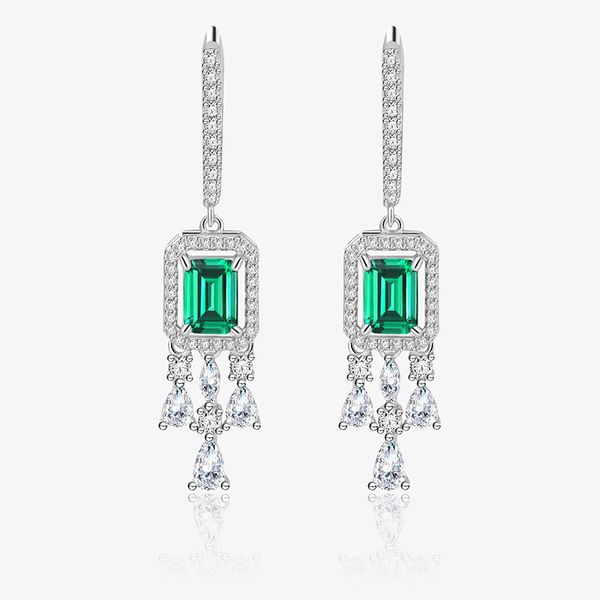 Novo S925 Sterling Silver Artificial Emerald Tassel Brincos de argola feminina Europeu e American Popular elegante Jewelry Gift