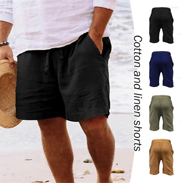 Calça masculina verão algodão linho shorts poliéster casual design com cordão calças respirável streetwear cor sólida praia