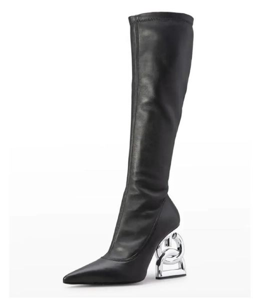 Marcas de Inverno Botas de Couro com Salto Keira Pop Salto Baraque Prata Logo Lettering Bota Joelho Longo Couro Stretch Preto Sapato bico fino Outono Inverno EU35-43