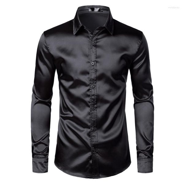 Camicie casual maschile tpjb nero satinato abito di lusso di seta liscio camicia smoking slim fit party wedding chimise homme homme