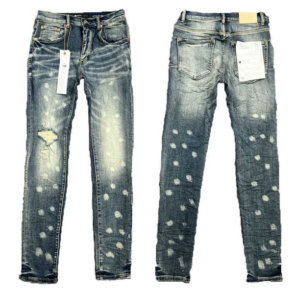 Мужские джинсы Фиолетовые дизайнерские джинсы High Street America для мужчин Брюки с вышивкой Негабаритные рваные джинсовые брюки 2023 Модные узкие узкие брюки-карандаш