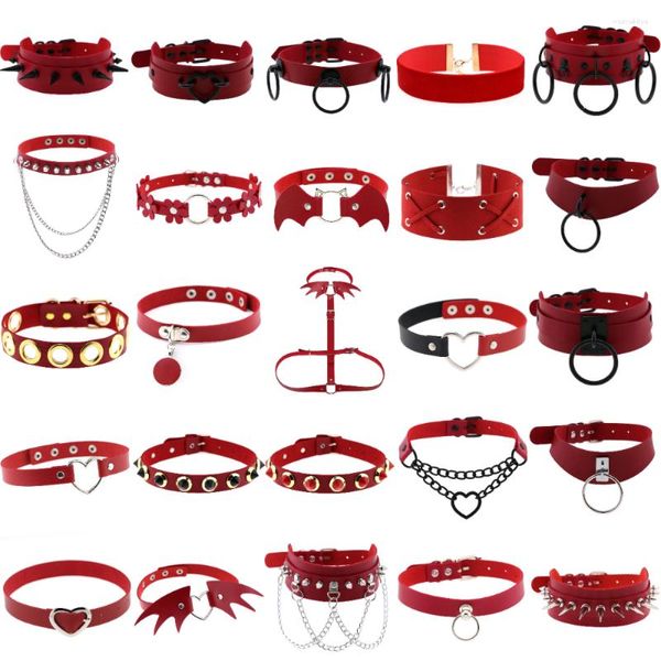 Choker Goth Halsketten für Frauen Spike Kreuz Anhänger Rot PU Leder Sexy Kragen Steampunk Gothic Cosplay Schmuck Y2K Zubehör