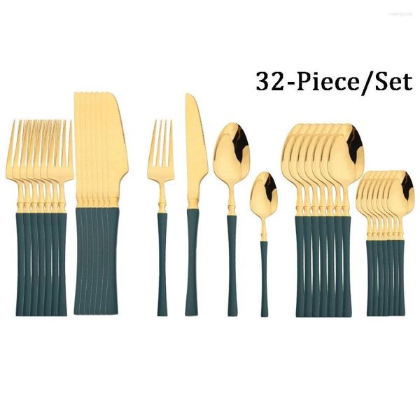 Set di stoviglie 32 pezzi Set di posate con manico verde oro brillante Set di posate in acciaio inox Forchetta Coltello Cucchiaio Posate Posate Posate Stoviglie Cucina