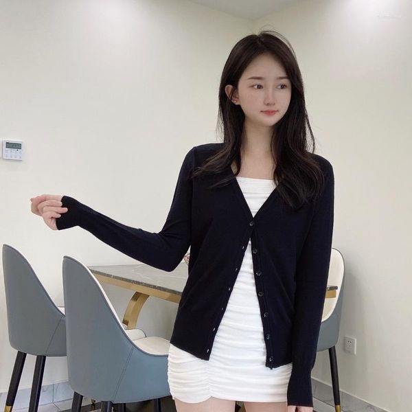Frauen strickt koreanische Mode schwarz abgeschnitten Blusen Strickjacke weibliche Kleidung Pullover Jersey Langarm Top Mantel Frühling 2023 Stil