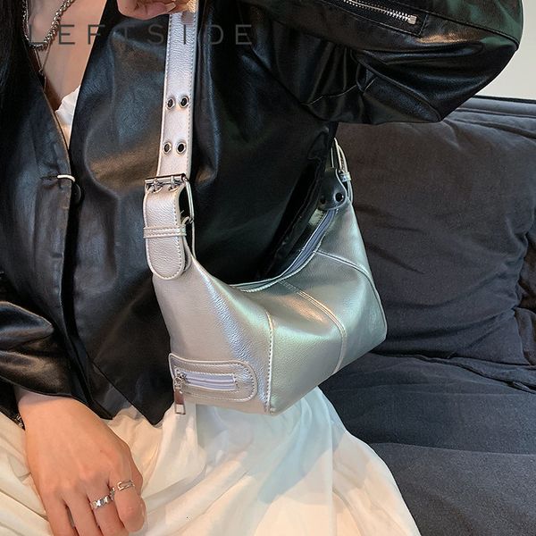 Bolsas de noite LEFTSIDE Silver Leather Crossbody para mulheres Luxo 2023 Y2k Fashion Underarm Shoulder Side Bags Women Armpit Handbags 230729