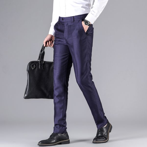 Calças masculinas premium sem ferro clássico-ajuste expansível cintura plissada calça 2023 moda treliça terno calças de negócios 601