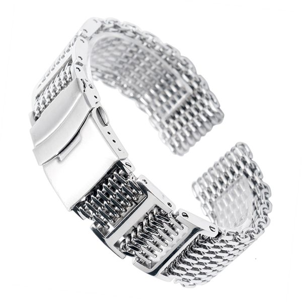 Cinturini per orologi 20/22 / 24mm HQ Shark Mesh Bracciale di ricambio per cinturino in acciaio inossidabile argento con chiusura pieghevole da uomo con cinturino per cinturino di sicurezza 230728