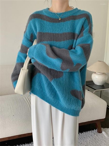 Maglioni da donna Alien Kitty Pullover blu Donna Lazy Style Striped Winter Soft Warm Office Lady Lavorato a maglia Allentato Casual All Match