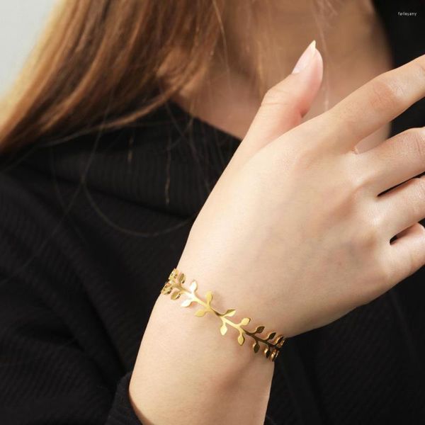 Armreif Ästhetische Goldfarbe Blatt Für Frauen Mann Edelstahl Offene Hand Armbänder Trendy Böhmischen Schmuck Freunde Geschenk 2023