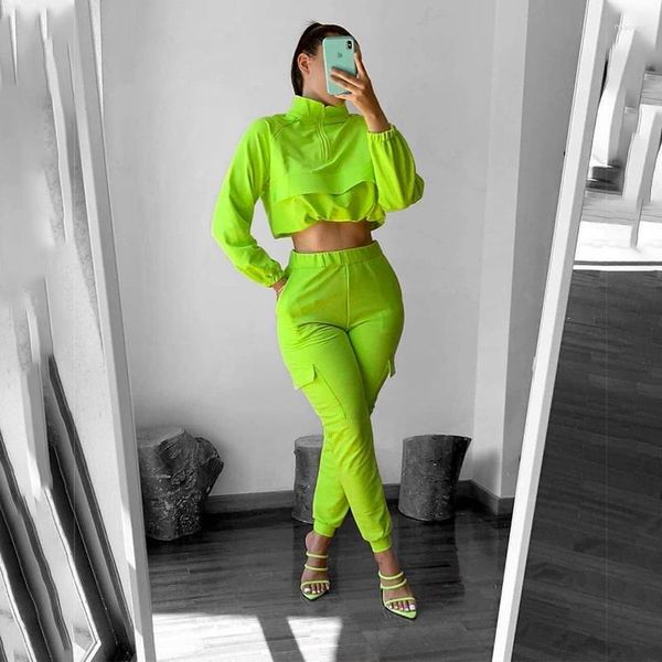 Damen Zweiteilige Hose Herbst Neongrün Schweißanzüge Frauen Casual Langarm Crop Top Cargo Set Sportwear Solide Passende Sets