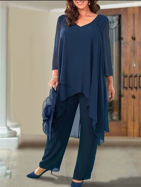 Elegante tuta lunga in chiffon blu navy Abito per la madre della sposa Jumppant scollo a V abito formale con perline pieghe La madre del vestido de novia Abiti da donna