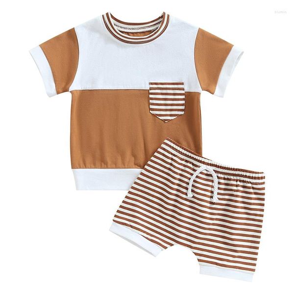 Conjuntos de roupas para crianças, bebês, meninos, roupas de verão, camiseta de manga curta com bolso no peito e conjunto casual de shorts listrados elásticos 6M-5T