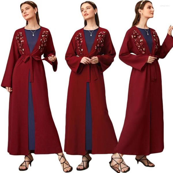 Roupas étnicas Dubai Open Abaya Flower Kimono Jilbab Turco Kaftan Muçulmano Feminino Maxi Dress Long Cardigan Ramadan Robe Vestido de Festa Islam