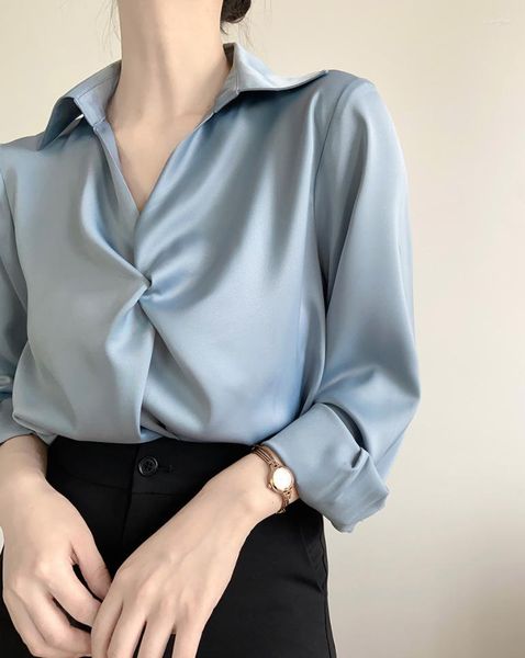 Blusas femininas 2023 camisa de cetim azul feminina profissional para o trabalho