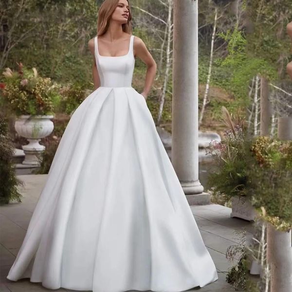 Vestido de noiva simples com decote quadrado e linha A, elegante, sem mangas, sem costas, vestidos de noiva, cetim, vestidos de noiva, robe de casamento