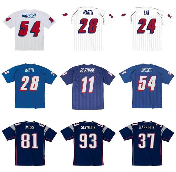 Maglia da calcio cucita 54 Teddy Bruschi 24 Law 93 Seymour 37 Harrison 28 Martin 11 Bledsoe 81 Randy Moss 7 Vollmer 1996-2009 maglie retrò da rugby Uomo S-6XL