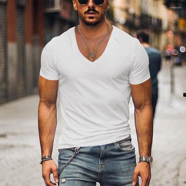 Camisetas masculinas justas casuais decote em V mangas curtas cor lisa simples tops básicos streetwear