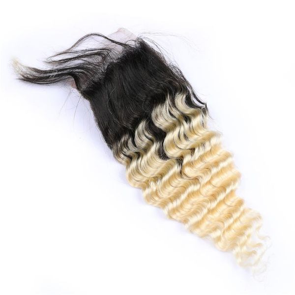 Глубокая волна блондинка омбре для волос закрытие кружевного кружева Два тон 1B 613 Темные корни глубоководные вьющиеся человеческие волосы замыкают бразильские девственные волосы256i