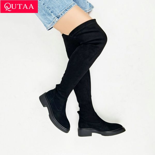 Botas QUTAA 2024 Feminina Over The Knee High Boots Stretch Outono Inverno Plataforma Bico Redondo Sapato Salto Baixo Quadrado Mulher Festa Tamanho 35-41 230728