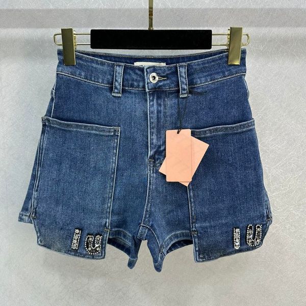 23SS FW Pamuk Kadın Tasarımcı Şort Mektup Kristal Boncukları Yüksek Milan Milan Ronum Marka Kovboy Günlük Jersey Pamuklu Dış Giyim Mini Denim A-Line Hotty Hot Pants