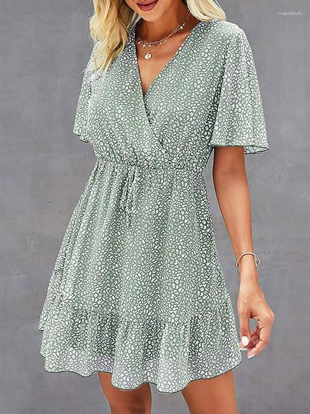 Casual Kleider Chiffon Kurze Frauen Sommer Ärmel V-ausschnitt A-linie Kleid Elegante Boho Polka Dot Strand Sommerkleid Damen