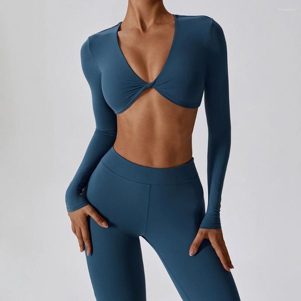 Aktive Sets Lycra Yoga Set 2 Stück Frauen Langarm Crop Top und hoch taillierte enge Freizeit Bell-Bottoms schnell trocknende Sport-Fitness-Kleidung