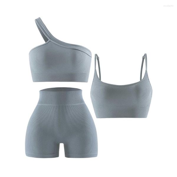 Conjuntos ativos Conjunto de ioga para mulheres, macacão fitness sem costura, roupas de 3 peças, sutiã esportivo, shorts push up wear