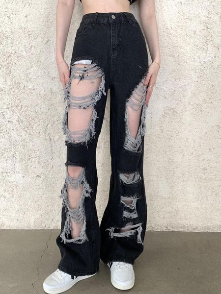 Jeans da donna High Street Spice Girl Fried Beggar Vita allentata con pantaloni a gamba dritta con foro