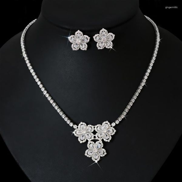 Conjunto de colar de brincos de zircônia cúbica, flores de cristal, pingente e joias para festa de casamento, noiva, dama de honra