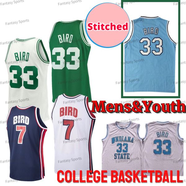 Retro Jugend 33 Larry Bird Trikot Indiana State Sycamores Basketball 1992 Team USA 7 Bird Blau Weiß Grün Throwback Basketball Trikots genäht Kinder Herren