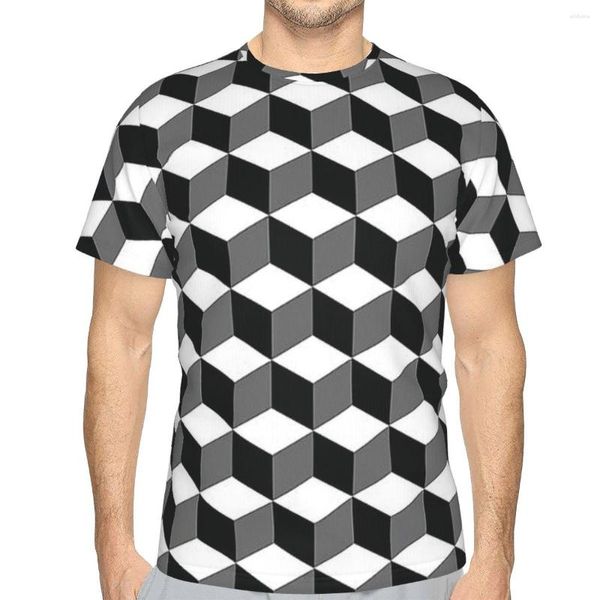 Camisetas Masculinas Simples Cubo Padrão Efeito Preto e Branco Exclusivo Poliéster Camiseta 3D Tridimensional Camisa Fina Hip Hop de Alta Qualidade