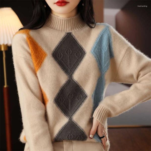 Frauenpullover 2023 Hälfte Rollkragenwolle Strickpullover Herbst Winter Dame Vintage Diamant Plaid Kaschmirpullover Weibliche weiche Strickwaren H032