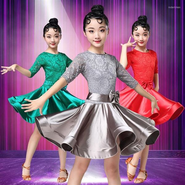 Stage Wear Abito da ballo latino per ragazze Abiti da ballo standard in pizzo a maniche lunghe Abiti da ballo per bambini Performance Salsa Abbigliamento2168