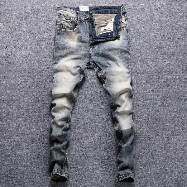 Jeans Masculino Estilo Italiano Moda Masculina Retro Lavado Elástico Ajuste Justo Vintage Designer Inverno Veludo Quente Calça Denim Hombre