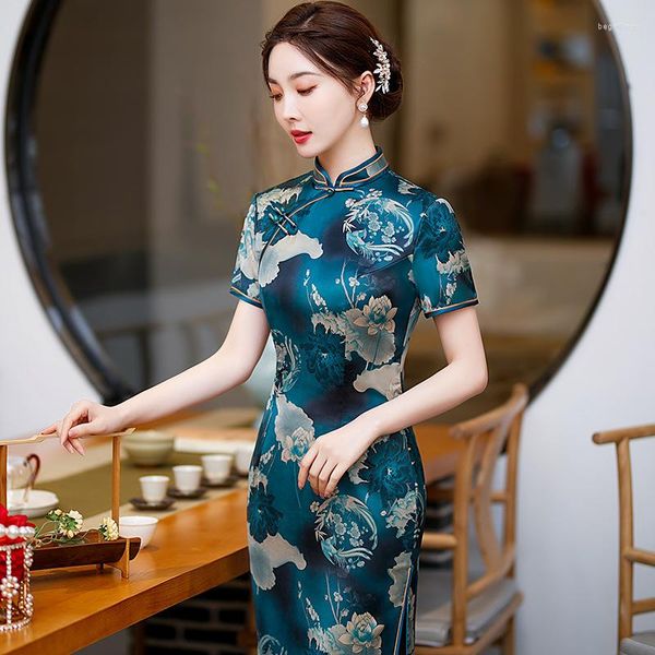 Ethnische Kleidung 2023 Frühling Herbst Mittellanger Schlitz Qipao Selbstkultivierung Verbessertes Cheongsam Chinesischer Stil Abendkleid für Frauen