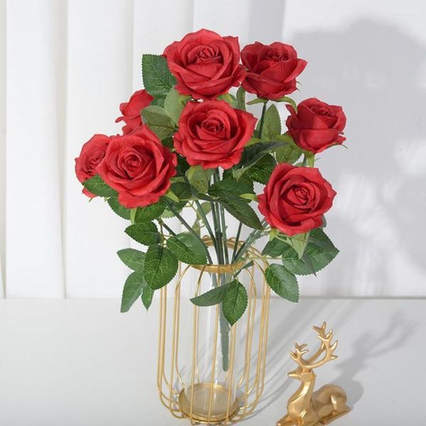 Flores decorativas Rosa artificial Grande fidelidade não murcha Fácil de cuidar Decoração de casa 9 lâmpadas Imitação de festa de casamento Decoração de varanda Material de decoração