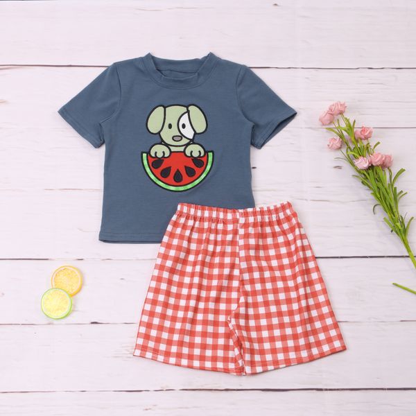 Kleidungssets 2023 Kinder Baumwoll -Shortsleeved Grey T -Shirt Set Round Neck Welpe Stickerei Boy Top Kleidung und rote Plaid -Shorts Anzug 230728