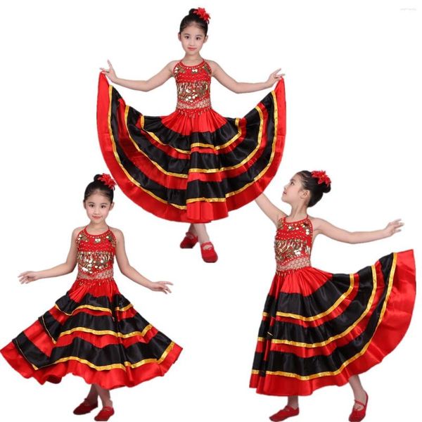 Roupas de palco 180-720 graus vestidos de dança flamenca espanhola para crianças fantasias de desempenho meninas ciganas saia grande conjunto de barriga