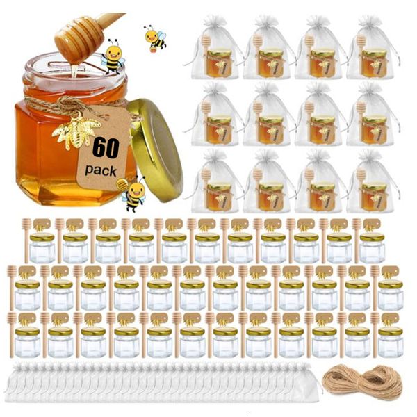 Garrafas de armazenamento Frascos de 15 oz Pacote com 60 mini lembrancinhas de festa de mel a granel com tampas douradas fofinhas Pingentes de abelha Sacos de presente e juta para chá de bebê 230728