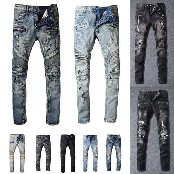 Jeans de grife masculino rasgado biker ajuste fino para motociclistas jeans para homens moda masculina calças pretas