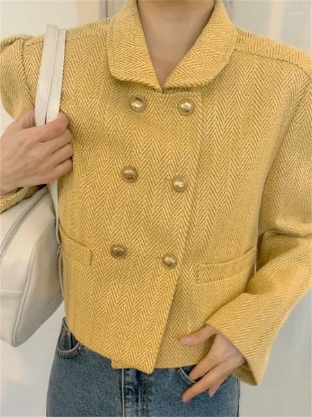 Damenjacken Koreanische schicke Tweed-Jacke Frauen Herbst/Winter salzig süß modische Puppenkragen zweireihige kurze Strickjacke Damen