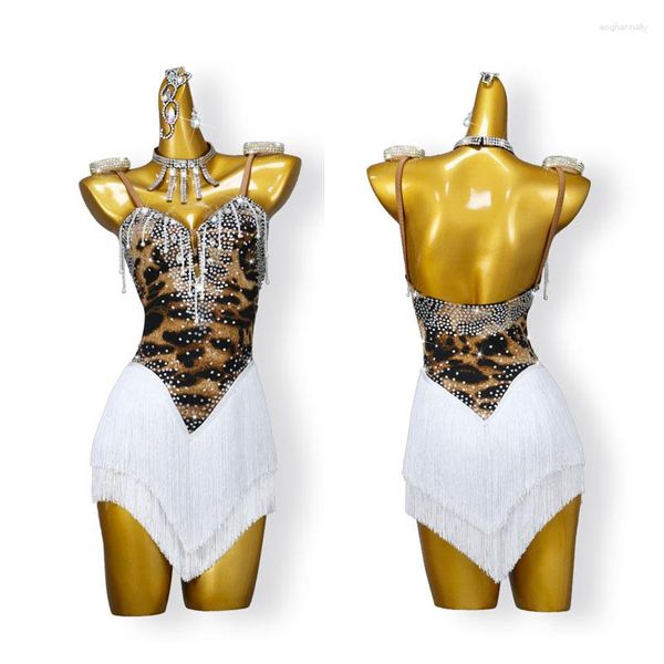 Vestimenta de palco com estampa de leopardo Vestido de dança latina Tops feminino Salão de baile Salsa adulto Saias Traje esportivo Personalizar com franjas