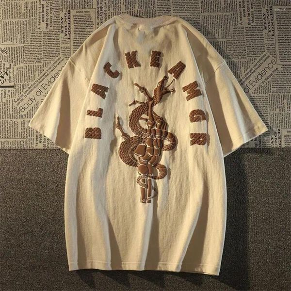 Erkekler tişörtleri sokak retro rahat gevşek kısa kollu t-shirt yaz modaya uygun marka hip-hop kişilik kafatası el yılan baskısı pamuk üstü