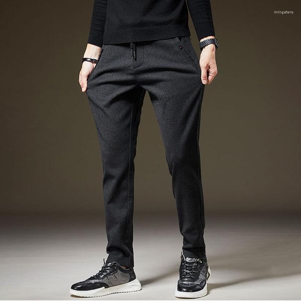Мужские брюки 2023 зима теплые повседневные модные матовые ткань Толстая флисовая бренда Слим офис мужской флот черный 38