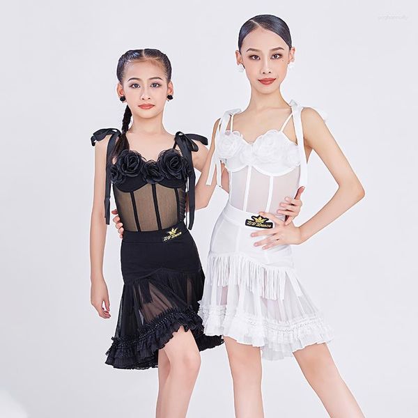 Stage Wear Abito da ballo latino Bianco / Nero Costume da competizione per ragazze Sling Top Gonna con nappe ChaCha Samba Rumba Practice VDB7009