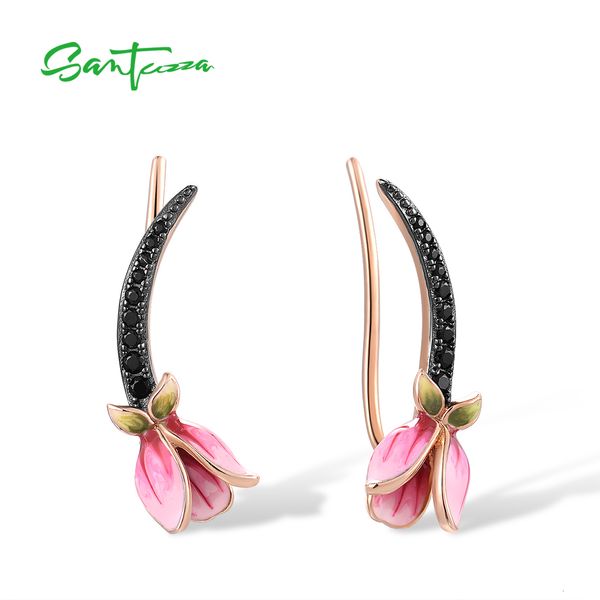 Ear Cuff SANTUZZA Real 925 Brincos de Prata Esterlina Para Mulheres Espumante Preto Espinélio Tulipa Flor Pierce Encantador Jóias Finas Esmalte 230728