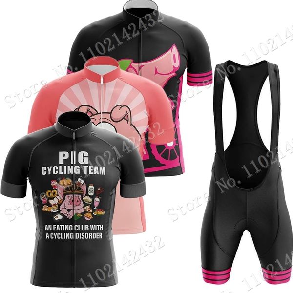 Conjuntos de Camisas de Ciclismo Terno Engraçado Porco Conjunto de Camisas de Ciclismo Mens Cartoon Anime Rosa Roupas Camisas de Bicicleta de Estrada Bermuda de Bicicleta MTB Desgaste MaillotRopa 230728